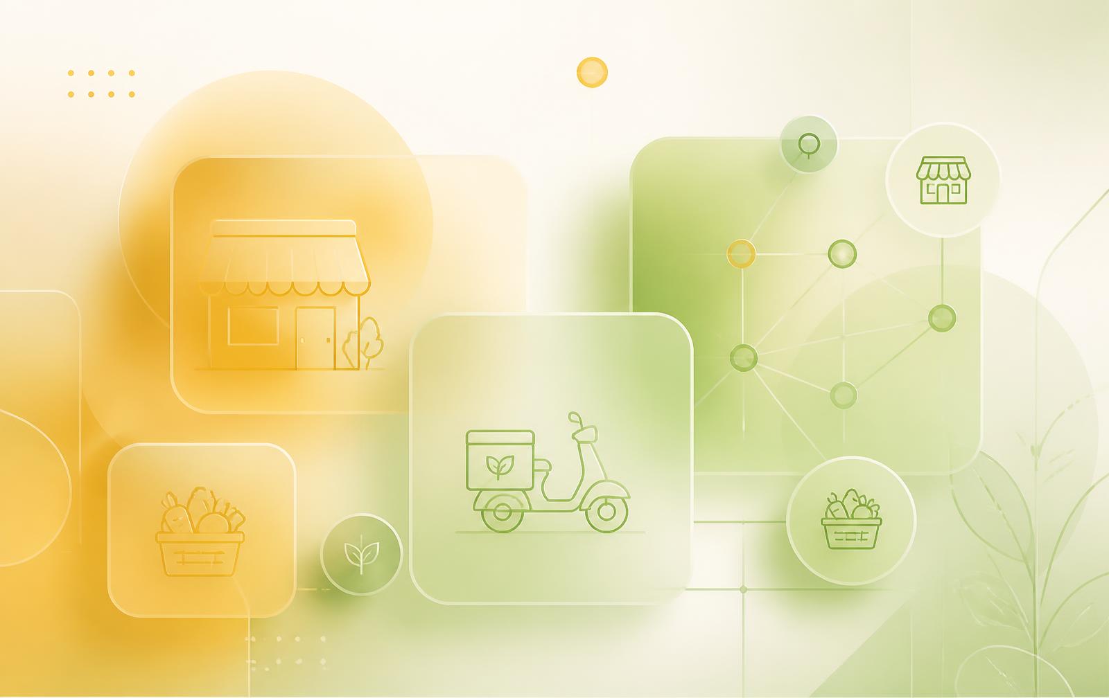 Illustration of the Zaago platform connecting local shops, fresh essentials, and neighbourhood deliveries