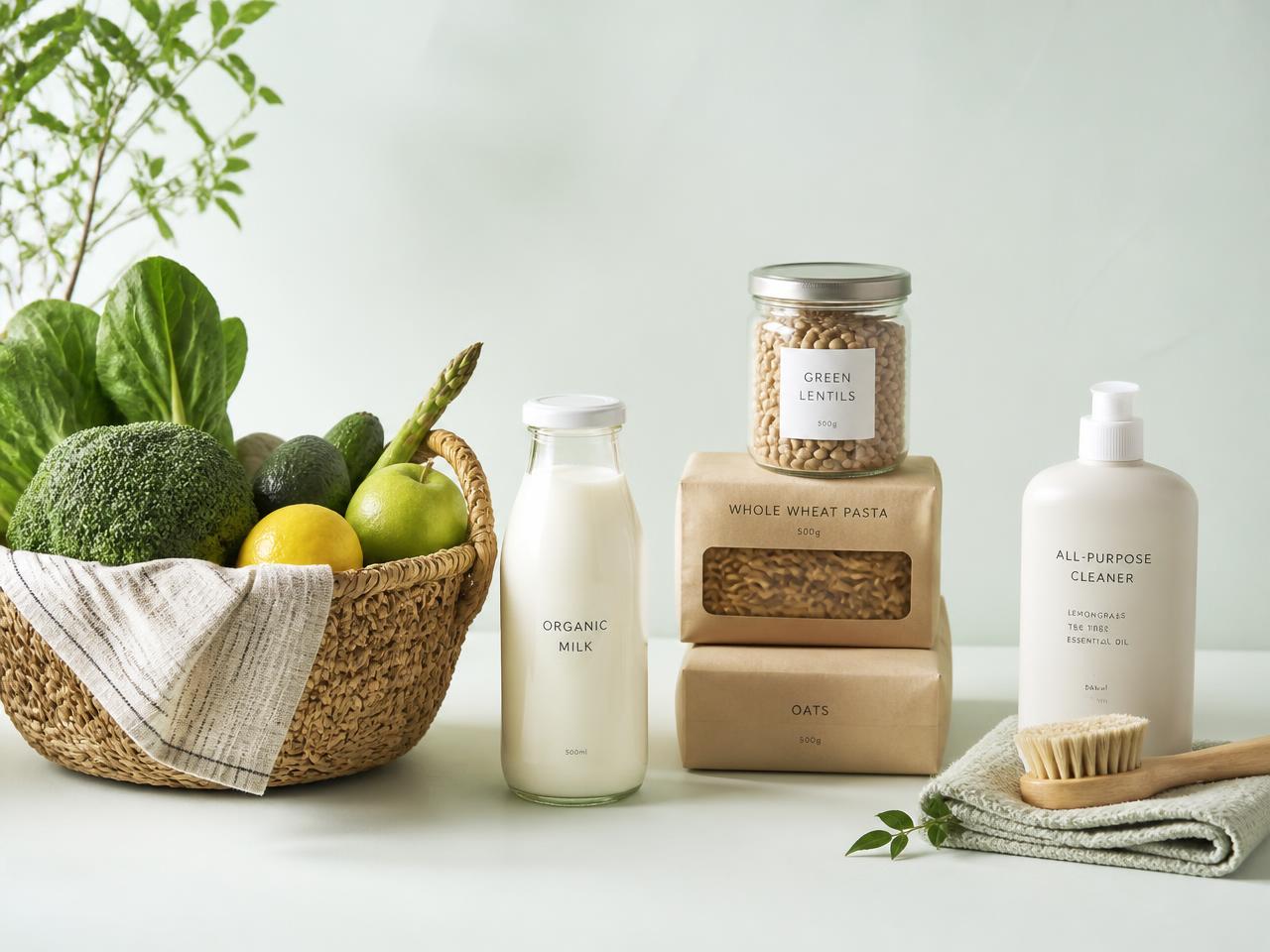 Fresh vegetables in a basket beside milk, grocery staples and a household cleaning bottle