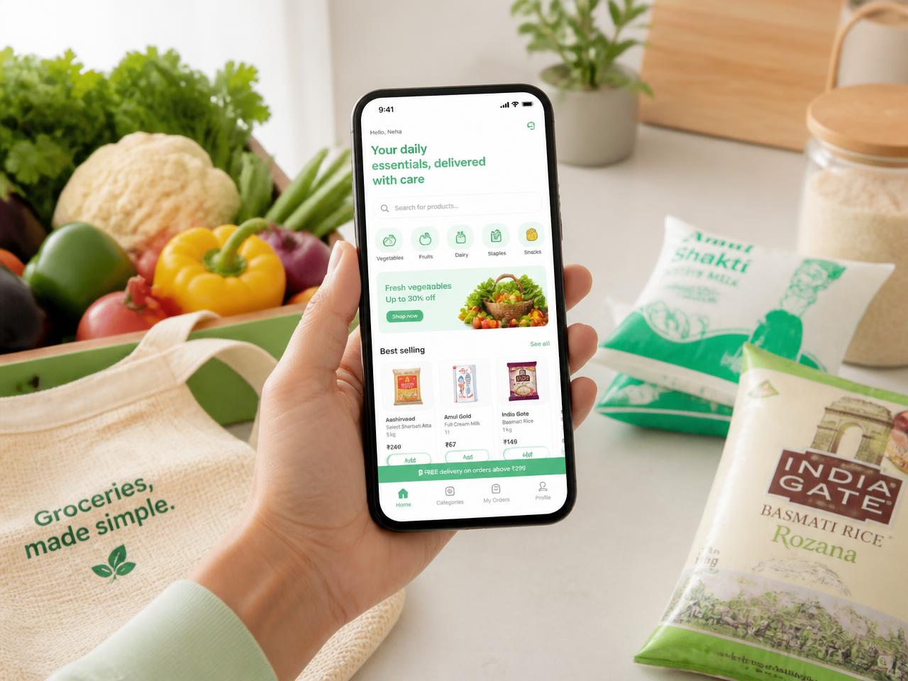 A customer browsing everyday grocery essentials in the Zaago app beside fresh vegetables and milk