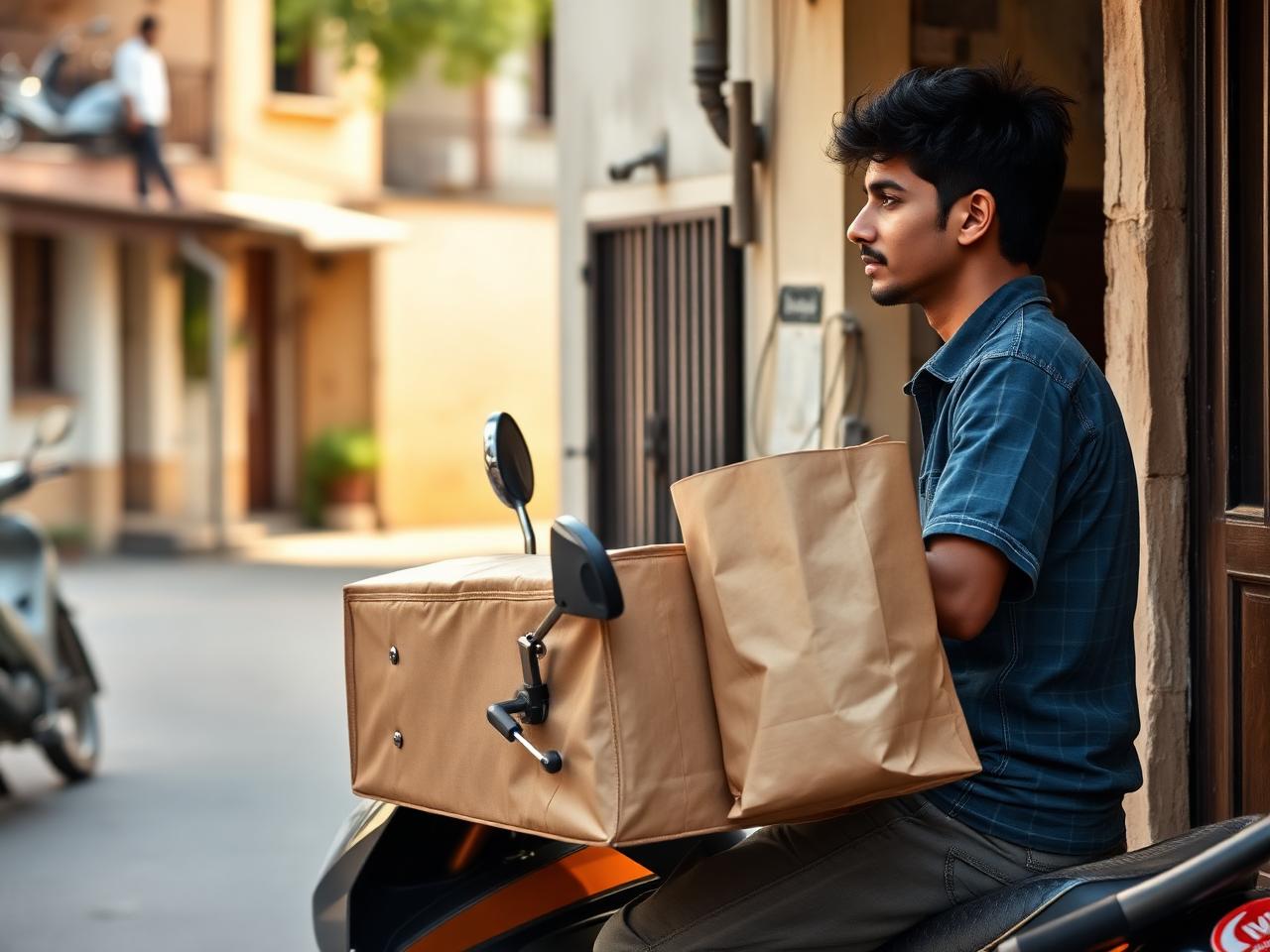 A delivery partner handing a bag of groceries to a customer at their doorstep