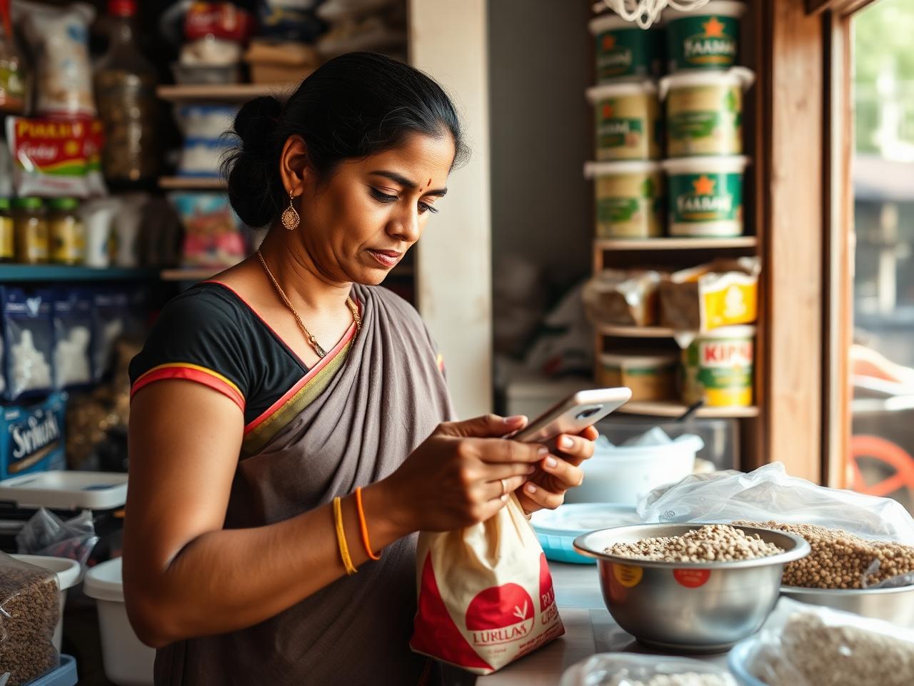 A local shop owner packing everyday essentials while using a smartphone